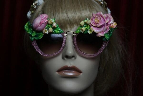 SOLD! 1967 Vivid Hand Painted Pink Rose Embellished Sunglasses - Image 6