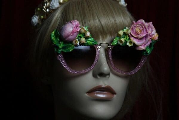 SOLD! 1967 Vivid Hand Painted Pink Rose Embellished Sunglasses - Image 4