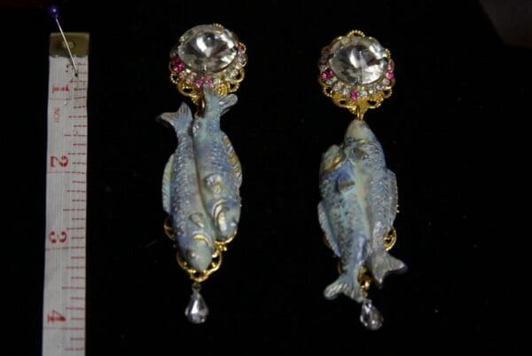 SOLD! 1974 Fish Hand Painted Crystal Unusual Irregular Earrings - Image 4