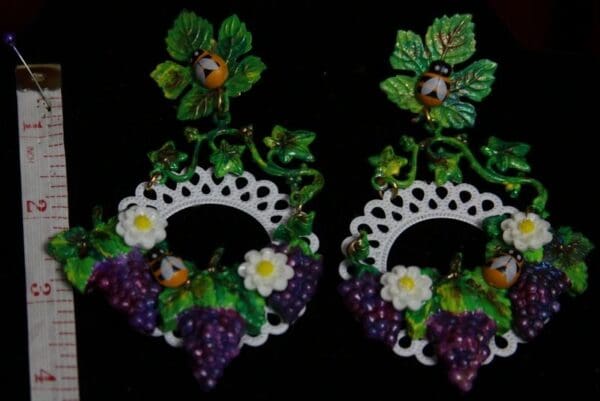 SOLD! 1977 White Filigree Grapes Bee Hand Painted Earrings - Image 5