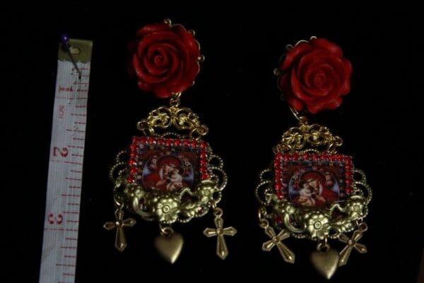 SOLD! 1981 Virgin Mary Heart Large Rose Earrings Studs - Image 5