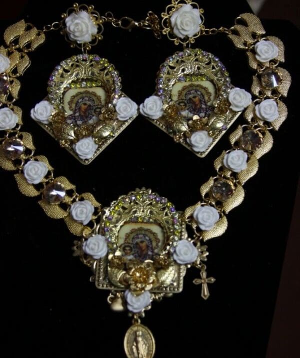 SOLD! 1985 Set of Virgin Mary Milky Rose Necklace Plus Earrings - Image 3