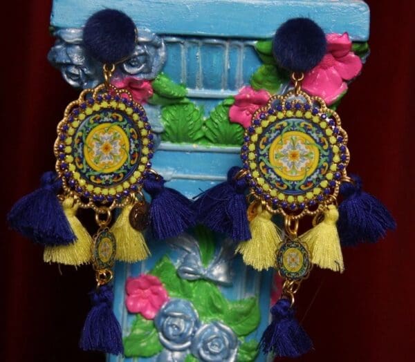 SOLD! 1991 Sicilian Tile Print Tassel Pom Pom Earrings Studs