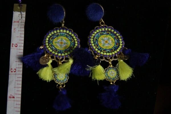 SOLD! 1991 Sicilian Tile Print Tassel Pom Pom Earrings Studs - Image 2