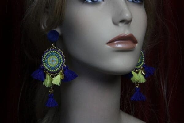 SOLD! 1991 Sicilian Tile Print Tassel Pom Pom Earrings Studs - Image 3