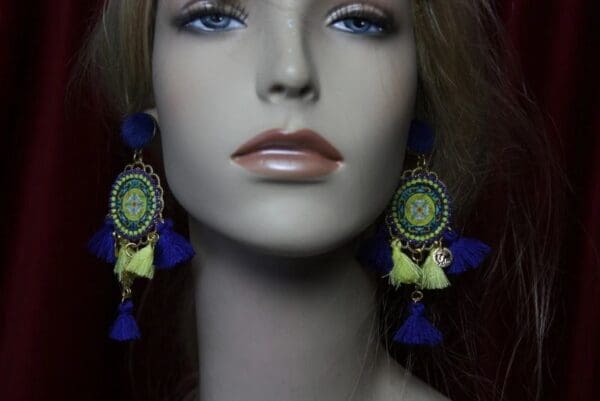 SOLD! 1991 Sicilian Tile Print Tassel Pom Pom Earrings Studs - Image 4