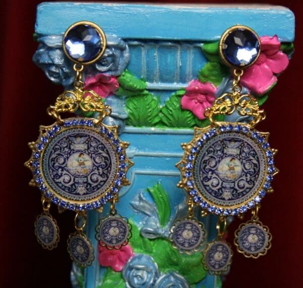 SOLD! 1994 Itlian Renaissance Tile Cherub Print Stunning Massive Earrings
