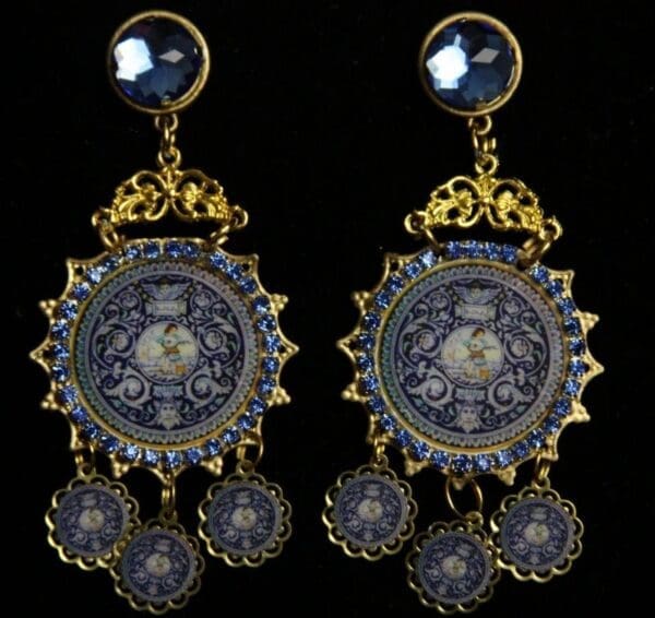 SOLD! 1994 Itlian Renaissance Tile Cherub Print Stunning Massive Earrings - Image 2