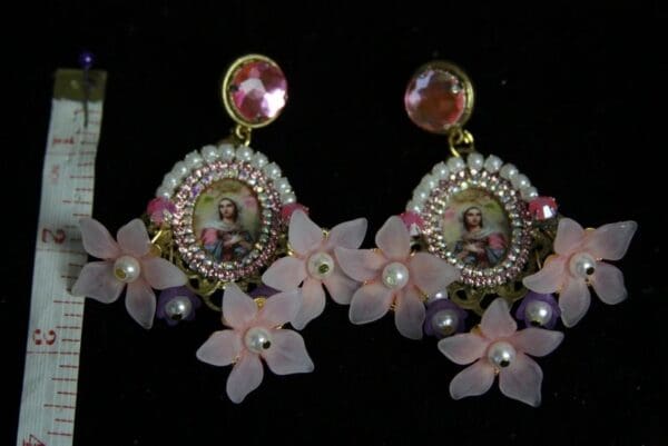 SOLD! 1998 Virgin Mary Magical Flower Crystal Pearl Studs Earrings - Image 2