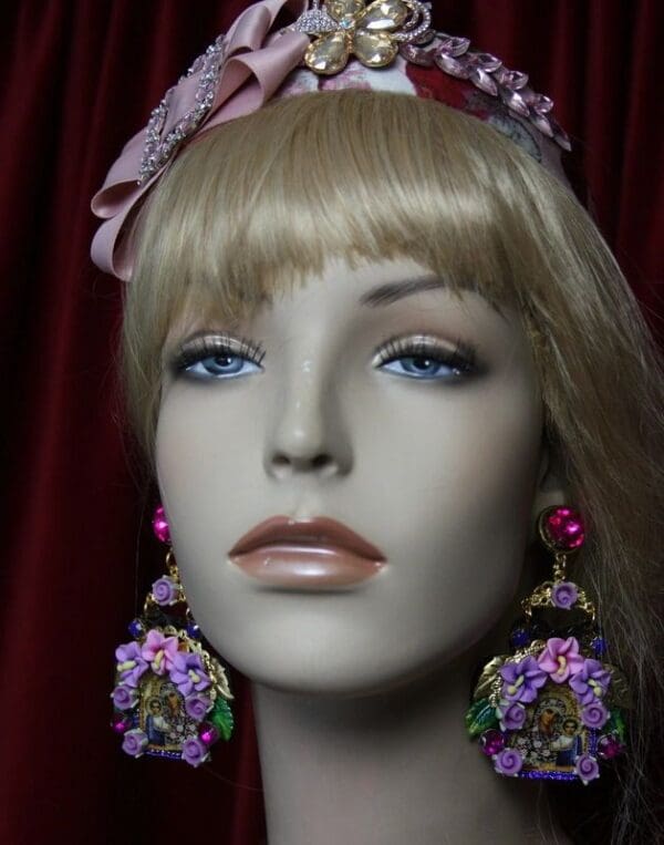 SOLD! 2003 Virgin Mary Flower Icon Black Filigree Stunning Earrings - Image 4
