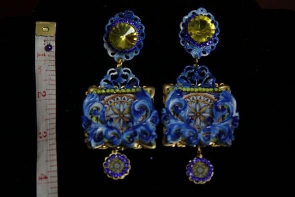 SOLD! 2006 Italian Tile Print Hand Painted ENamel Yellow Crystal Earrings - Image 6