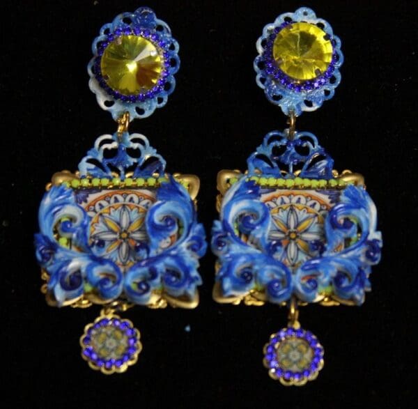 SOLD! 2006 Italian Tile Print Hand Painted ENamel Yellow Crystal Earrings
