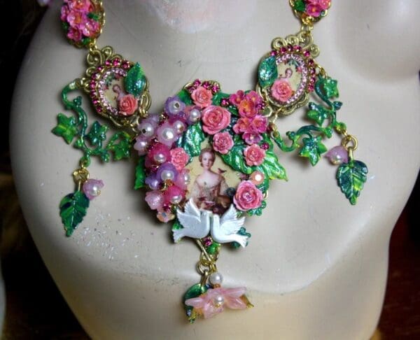 SOLD! 2020 Set Of Marie Antoinette 3 Cameo Flowers Dove Necklace+ Earrings - Image 6