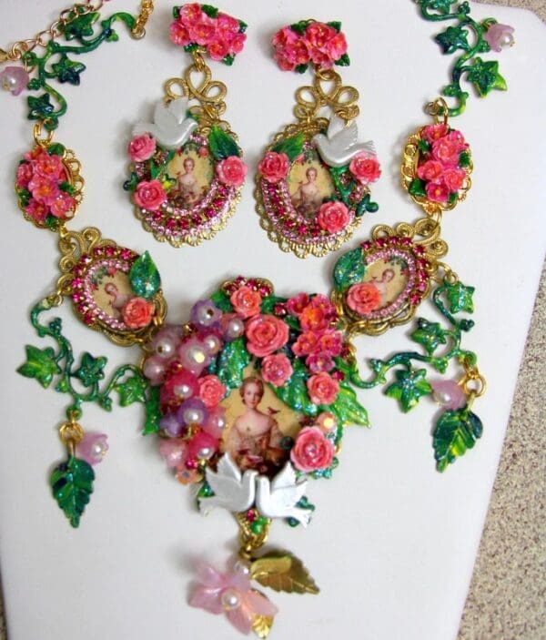 SOLD! 2020 Set Of Marie Antoinette 3 Cameo Flowers Dove Necklace+ Earrings - Image 3