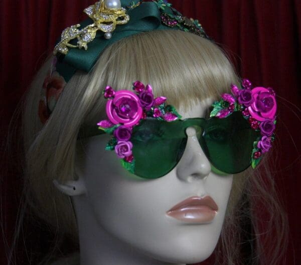 SOLD! 2033 Green Clear Fuchsia Roses Embellished Sunglasses - Image 2