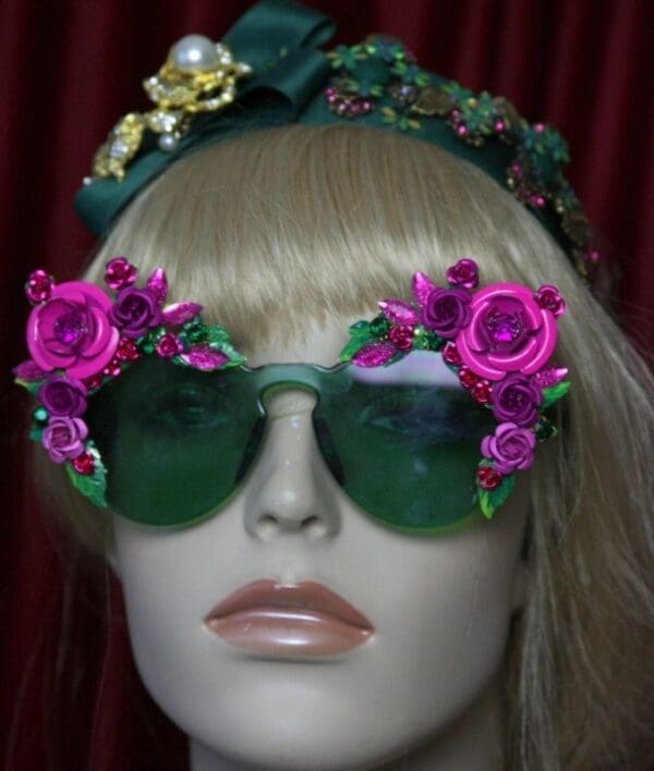 SOLD! 2033 Green Clear Fuchsia Roses Embellished Sunglasses - Image 7