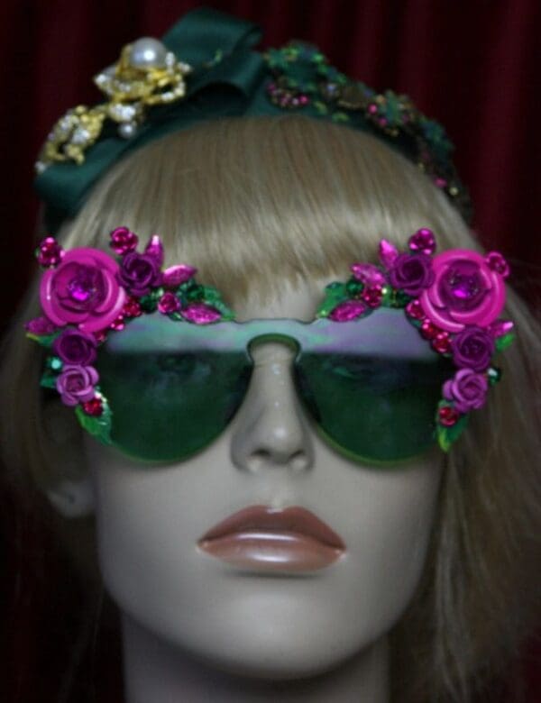 SOLD! 2033 Green Clear Fuchsia Roses Embellished Sunglasses - Image 3