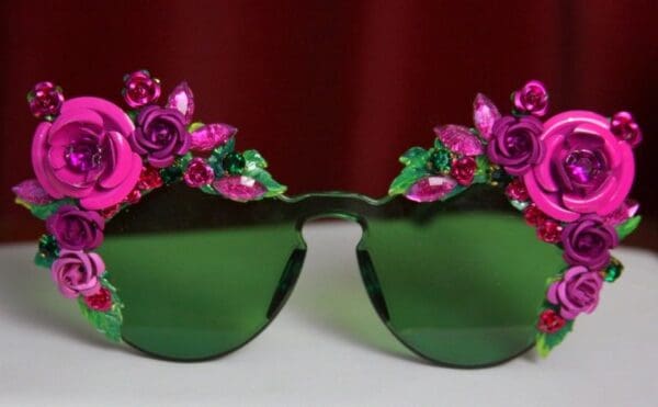 SOLD! 2033 Green Clear Fuchsia Roses Embellished Sunglasses - Image 5