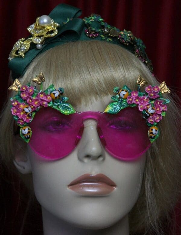 SOLD! 2034 Pink Clear Bee Hand Painted Flower Sunglasses - Image 3