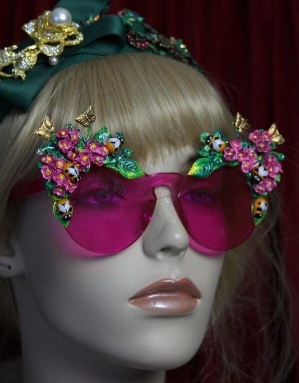 SOLD! 2034 Pink Clear Bee Hand Painted Flower Sunglasses - Image 4