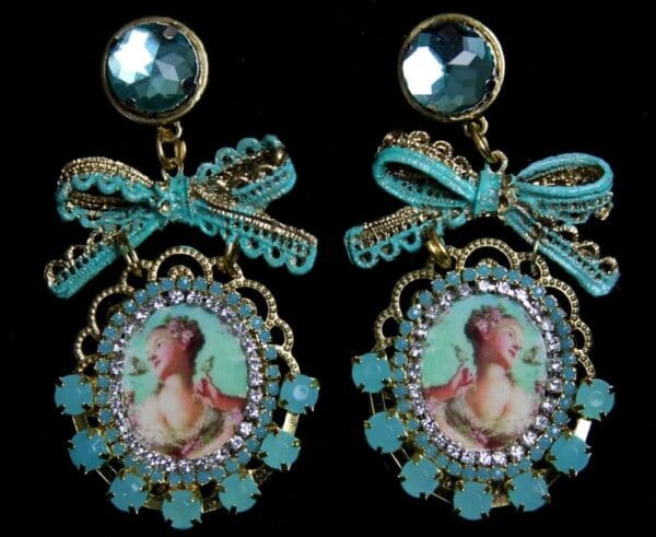 SOLD! 2049 Young Marie Antoinette Aqua Crystal Bow Studs - Image 2