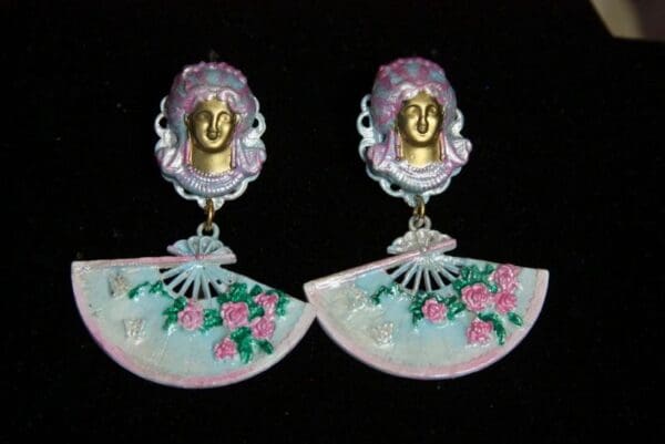 SOLD! 2054 Marie Antoinette Fan Hand Painted PAstel Studs Earrings - Image 2