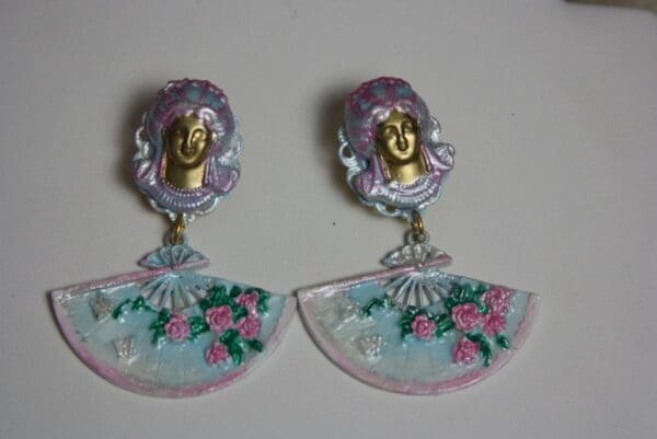 SOLD! 2054 Marie Antoinette Fan Hand Painted PAstel Studs Earrings - Image 9