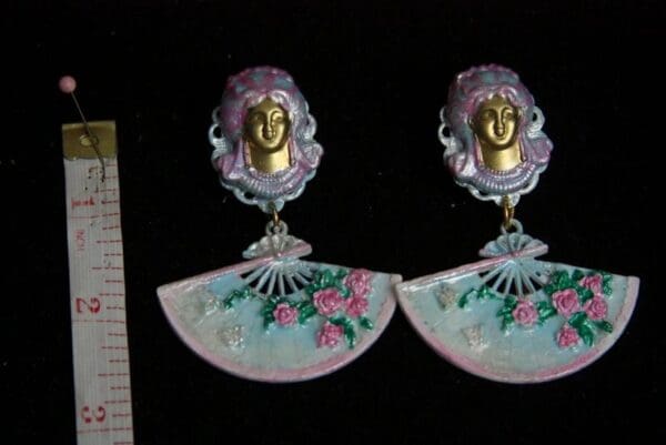 SOLD! 2054 Marie Antoinette Fan Hand Painted PAstel Studs Earrings - Image 8