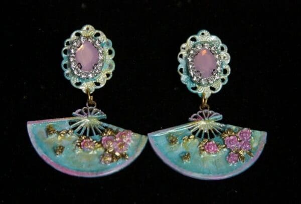 SOLD! 2055 Hand Painted Fan Victorian Studs Earrings - Image 2