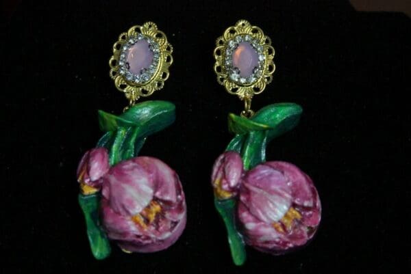 SOLD! 2059 Baroque Hand Painted Tulip Earrings - Image 5