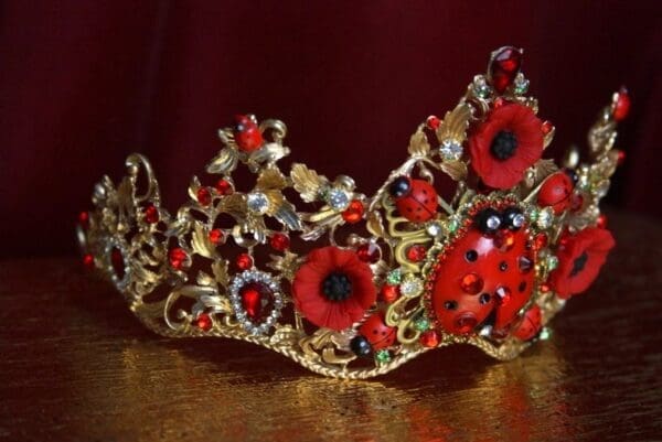 SOLD! 2121 Set Of Baroque Ladybug Red Crystal Tiara Crown+ Earrings - Image 5