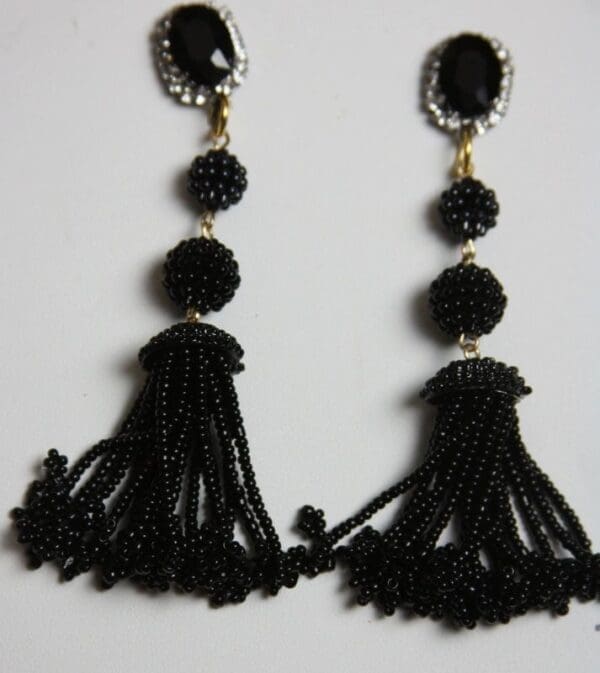 SOLD! 2125 Oscar Black Beaded Crystal Studs Tassel Earrings - Image 2