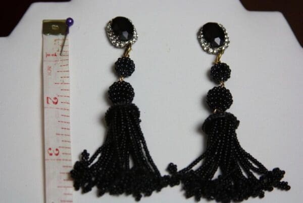 SOLD! 2125 Oscar Black Beaded Crystal Studs Tassel Earrings - Image 5