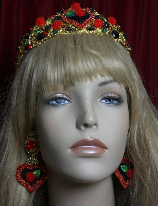 SOLD! 2132 Set Of Black Heart Baroque Red Rose Crown Tiara+ Earrings - Image 3