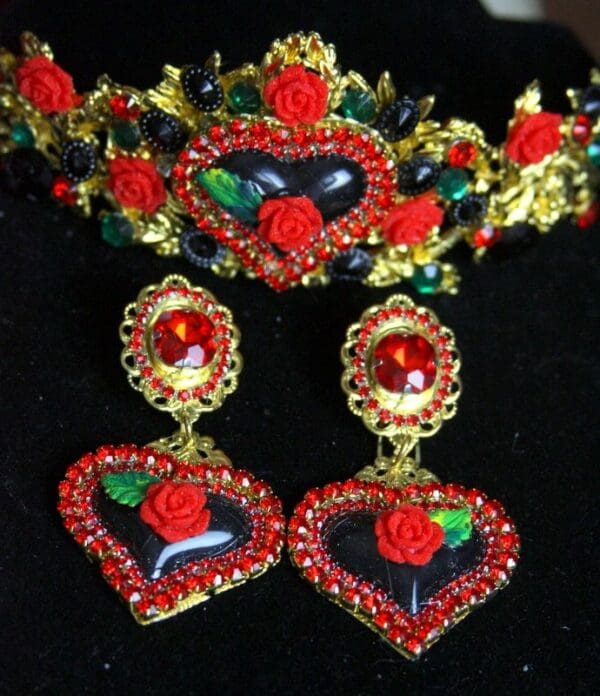 SOLD! 2132 Set Of Black Heart Baroque Red Rose Crown Tiara+ Earrings - Image 7