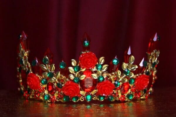SOLD! 2133 Baroque Red Rose Leaf Green Crystal Tiara Crown - Image 4
