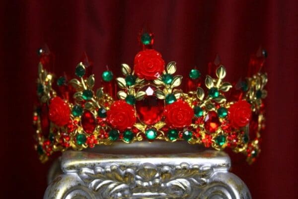SOLD! 2133 Baroque Red Rose Leaf Green Crystal Tiara Crown - Image 8
