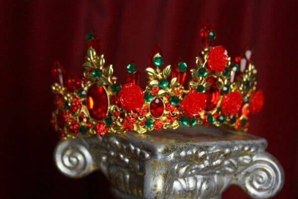 SOLD! 2133 Baroque Red Rose Leaf Green Crystal Tiara Crown - Image 5
