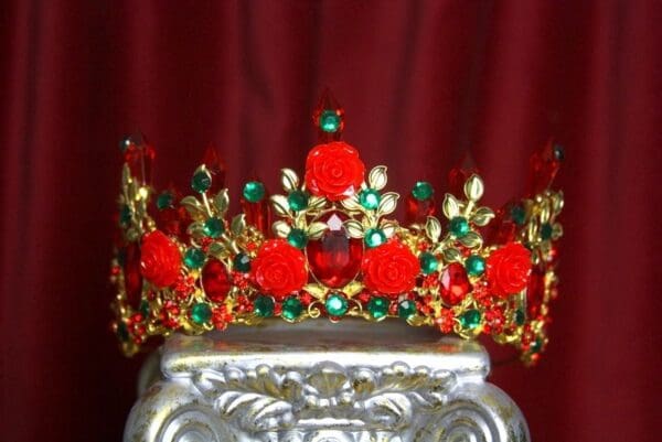 SOLD! 2133 Baroque Red Rose Leaf Green Crystal Tiara Crown - Image 7
