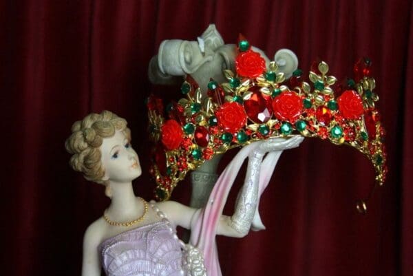 SOLD! 2133 Baroque Red Rose Leaf Green Crystal Tiara Crown - Image 6