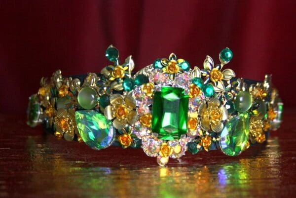 SOLD! 2129 Green Crystal Baroque Leaf Rose Headband