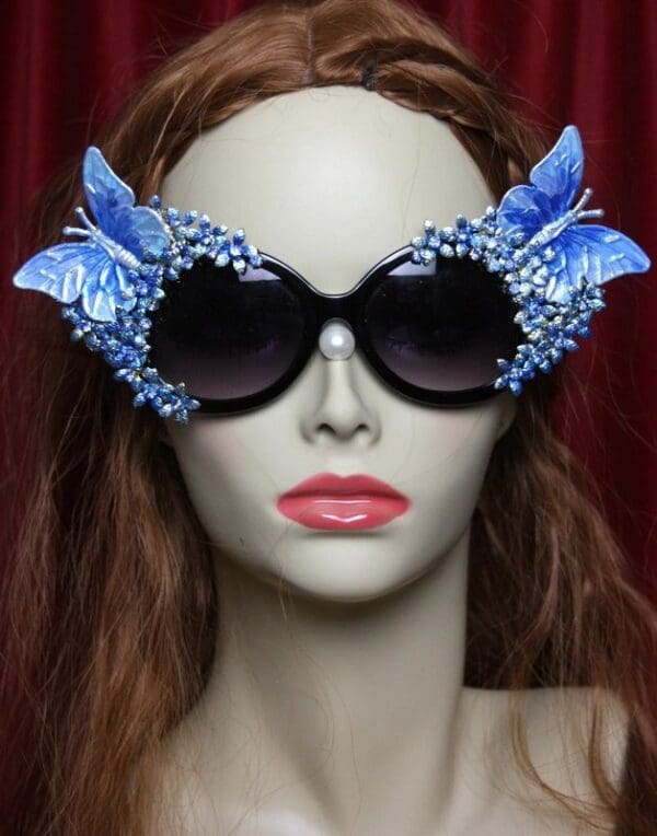 SOLD! 2134 Blue Pearlish Butterfly Flower Crystal Sunglasses - Image 6