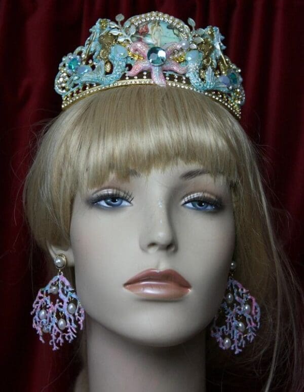 SOLD! 2136 Set Of Earrings+ Birth Of Venus Star Mermaids Hand Painted Tiara Crown - Image 7