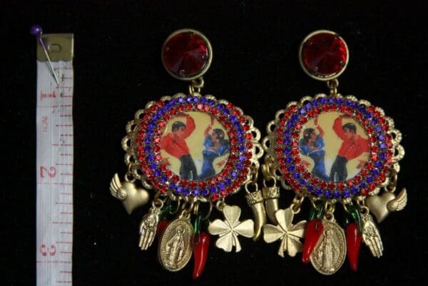 SOLD! 2160 Sicilian Inspiration Dancers Print Charms Chilly Studs Earrings - Image 4