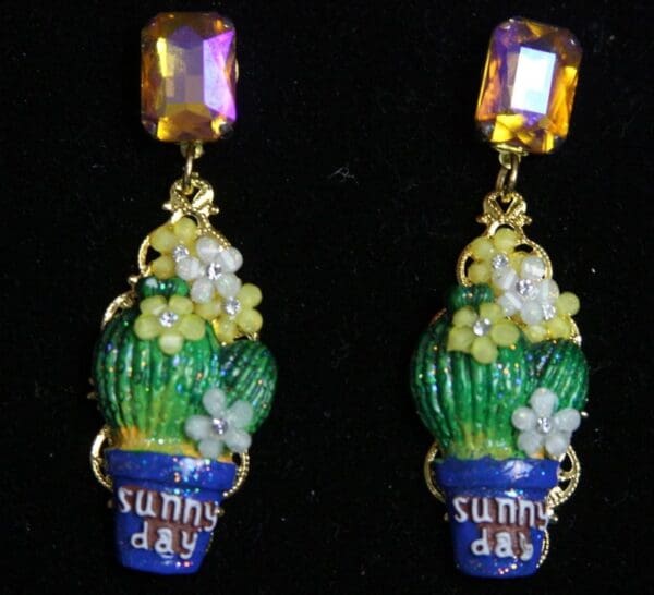 SOLD! 2161 Taormina Hand Painted Cactus Crystal Studs Earrings - Image 2
