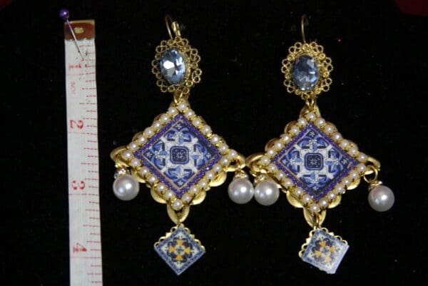 SOLD! 2162 Sicilian Tile Print Pearl Blue Crystal Studs Earrings - Image 4