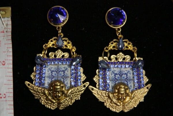 SOLD!2167 Blue Mosaic Cherub Blue Crystal Studs Earrings - Image 3