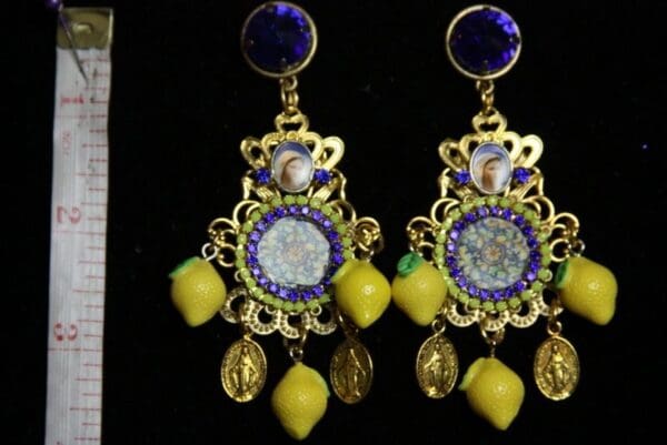 SOLD! 2168 Sicilian Tile Print Lemons Coin Earrings Studs - Image 6