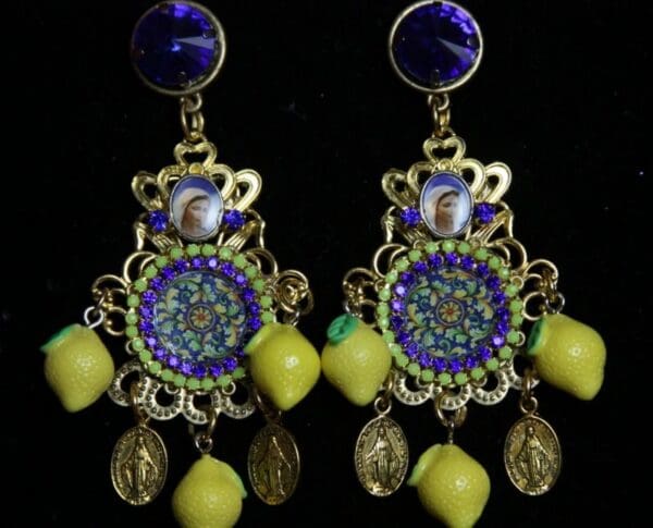 SOLD! 2168 Sicilian Tile Print Lemons Coin Earrings Studs - Image 2