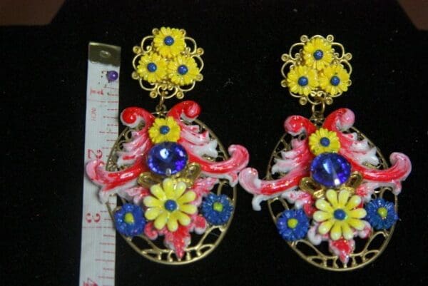 SOLD! 2185 Designer Inspired Massive Hand Painted Curves Yellow Flower Studs - Image 3